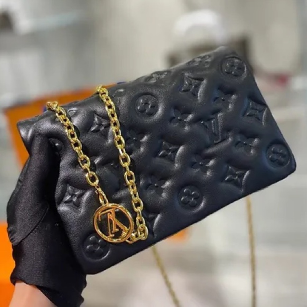 L V IN-spired matte black small crossbody purse with dust bag gold chain strap